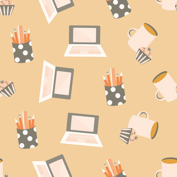Vector cute cartoon laptop seamless pattern background. Pencils, cupcakes, coffee cup monochrome peach color backdrop. Fun office equipment illustration. All over print for working from home concept.
