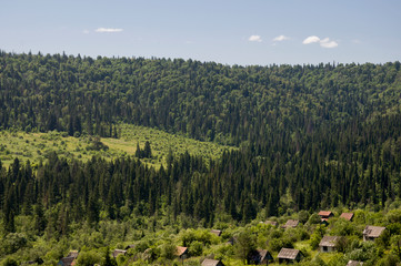 Suburb and villages. Big mountains and dark green forests far away. Trees and their shadows on the grass. Summer day with bright blue sky and huge white clouds on the landscape