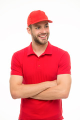 Trend for him. Confident guy. Happy guy keep arms crossed isolated on white. Handsome guy in casual style. Unshaven guy wear red cap and polo shirt. Fashion and style. Menswear store