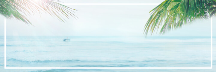 abstract blur web banner and summer background tropical palm and jet ski with driver move on blue...