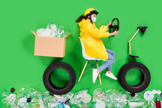 Full Size High Angle Flat Lay Photo Responsible Citizen Lady Drive Motor Bike Trash Recycling Center Plastic Products Littered Street Nature Earth Pollution Isolated Green Color Background