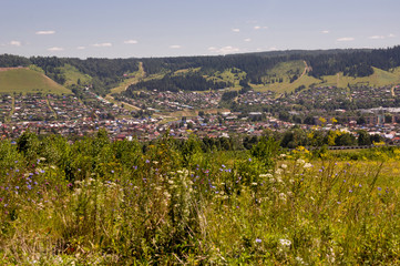 Suburb and villages. Big mountains and dark green forests far away. Trees and their shadows on the grass. Summer day with bright blue sky and huge white clouds on the landscape