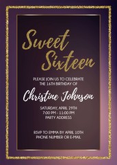 Sweet Sixteen party vector printable invitation card with golden glitter elements