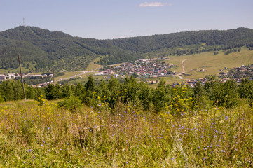 Suburb and villages. Big mountains and dark green forests far away. Trees and their shadows on the...