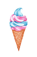 Watercolor ice cream. Sweet for Birthday postcard Greeting card. Dessert for holiday and party. Hand drawn illustration for menu. Artistic design with food  for cafe. Freehand drawing