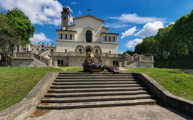 Aerial view Church of the Intercession of the Blessed Virgin Salesian Congregation in Lviv, Ukraine from drone