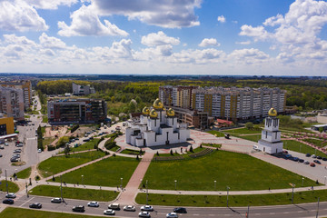 Aerial view on Church of the Nativity of the Blessed Virgin Mary in Sykhiv, the largest residential area in Lviv, Ukraine from drone. John Paul II Square