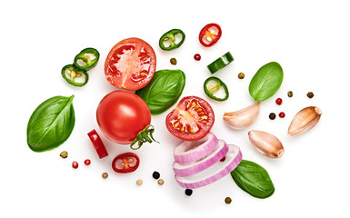 Tomato, basil, spices, pepper, garlic. Vegan diet food, creative cherry tomato composition isolated on white. Fresh basil, herb, tomatoes, cooking concept, top view.