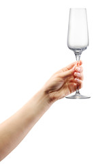 Woman hand holding empty champagne glass isolated on white.