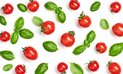 Tomato, basil pattern. Vegan diet food, creative cherry tomato background isolated on white. Fresh basil, vegetable tomatoes layout, cooking concept, fashion wallpaper