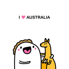I love australia hand drawn vector illustration in cartoon comic style man hugs kangaroo