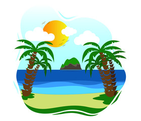 Summer concept background, banner, graphics. Tropical trees, beach, clouds, blue sky and sun flat vector.