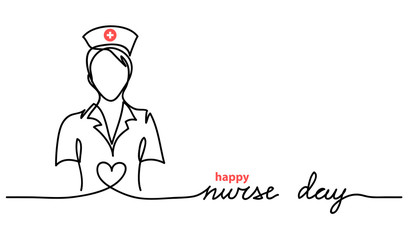 Happy Nurse Day simple vector web banner, background. Nurse day lettering. One continuous line drawing.