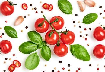 Tomato, basil, spices, pepper, garlic. Vegan diet food, creative cherry tomato composition isolated on white. Fresh basil, herb, tomatoes, cooking concept, top view.