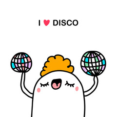 I love disco hand drawn vector illustration in cartoon comic style pop music party