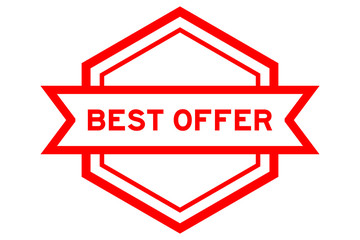 Hexagon vintage label banner in red color with word best offer on white background