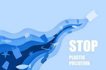World oceans day ,stop ocean plastic pollution with  paper art style, sea animals  underwater,animal and environment protection concept, 3d paper cut texture