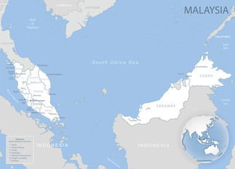 Blue-gray detailed map of Malaysia administrative divisions and location on the globe.