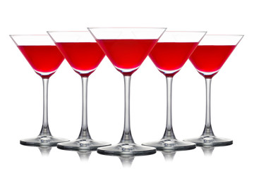 Set of strawberry margarita cocktail in martini glasses isolated on white
