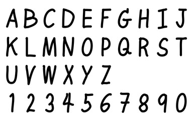 Black color hand drawing font of upper case English alphabet and number 0 - 9 on white background