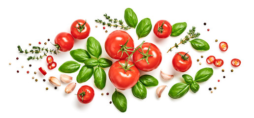 Tomato, basil, spices, pepper, garlic. Vegan diet food, creative cherry tomato composition isolated on white. Fresh basil, herb, tomatoes, cooking concept, top view.