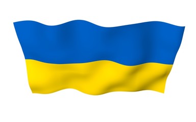 The flag of Ukraine on a white background. National flag and state ensign. Blue and yellow bicolour. 3D illustration waving flag