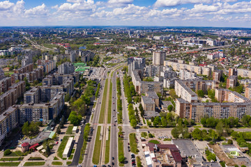 Aerial view on Sykhiv, the largest residential area in Lviv, Ukraine from drone. Chervonoyi Kalyny Avenue