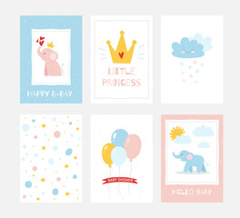 Fototapeta na wymiar Set of posters and greeting cards for baby decoration. Elephant, Balloon, crown ,sun, cloud, baby shower. childish style, pink and blue color. For fabric print cards, banners, wall art design