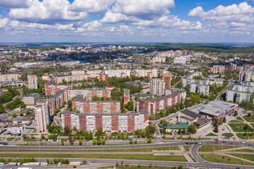 Aerial view on Sykhiv, the largest residential area in Lviv, Ukraine from drone. Chervonoyi Kalyny Avenue