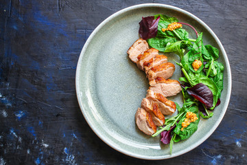 duck breast fillet salad, Menu concept food background keto or paleo diet. top view. copy space for text 