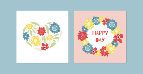 Happy Day and heart greeting cards. Cute and female square art templates. Backgrounds for social media posts, mobile apps, banners design and web. Vector fashion backgrounds.