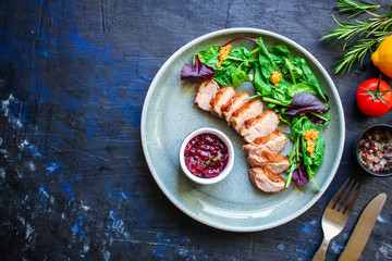 duck breast fillet salad, Menu concept food background keto or paleo diet. top view. copy space for text 