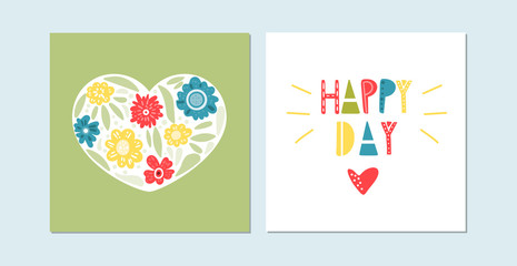Set of posters with lettering happy day and  flower heart for baby room. Decoration childish style green color Perfect for fabric print logo sign cards banners Kids wall art design Vector illustration