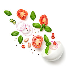 Tomato, basil, spices, chili pepper, onion flying. Vegan diet food isolated on white. Fresh basil, herb, tomatoes falling into bowl, levitation fly creative concept
