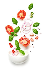 Tomato, basil, spices, chili pepper, onion flying. Vegan diet food isolated on white. Fresh basil, herb, tomatoes falling into bowl, levitation fly creative concept