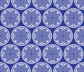 Abstract seamless pattern with geometric ornaments. Stock vector illustration. Striped white-blue elements on blue background. Ideas for design backgrounds, cards, printed, packaging, textile, etc.