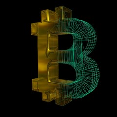 Bitcoin sign, the green grid turns into gold on a black background. 3D illustration