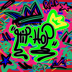 Colorful print in style of graffiti with a text Hip hop. Music vector illustration drawn by hand.