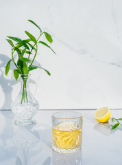 Crystal glass with yellow cocktail, vase with fresh greenery and half of lemon on marble background. Glass goblet with green tea, alcohol drink. Direct sunlight and shadows. Minimalism. Copy space.