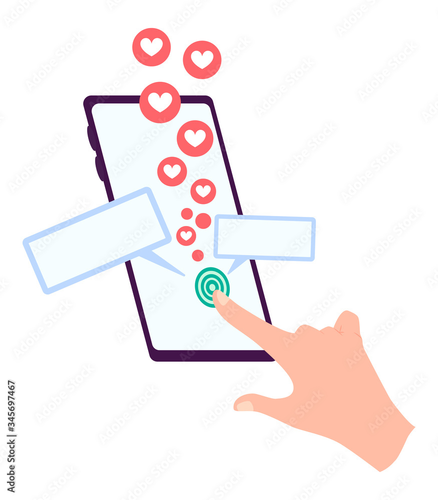 Poster hand holding smartphone with heart emoji message on screen, like button. social network and mobile d