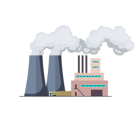 Factori or power plant flat design of vector illustration. Manufactory industrial building refinery factory or Nuclear Power Station. Building big of plant or factory with pipe smoke