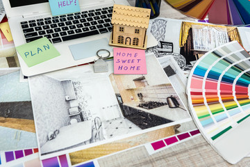 Business desk at  architect and interior illustration sketch work laptop. Concept of home renovation or decoration