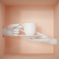 3d render, white objects inside peachy box. Hands holding porcelain cup and plate, isolated on pastel background. Service concept. Female mannequin body parts, minimal fashion background.