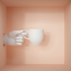 3d render, white objects inside peachy box. Hand holding porcelain cup, isolated on pastel background. Service concept. Female mannequin body part. Modern minimal fashion background.