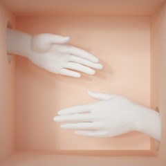3d render, white hands isolated on pastel peachy background, female mannequin body parts inside box, handshake, minimal fashion background, helping hands, partnership concept