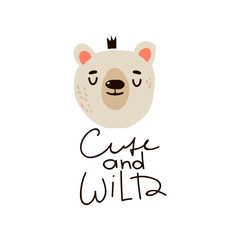 Bear Head with Crown and Cute and Wild Inscription Doodle Vector Illustration