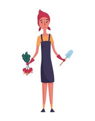 Happy woman gardener or farmer with radish and shovel in hand on a white background. Cartoon character of man farming concept illustration. Design element of a private farm