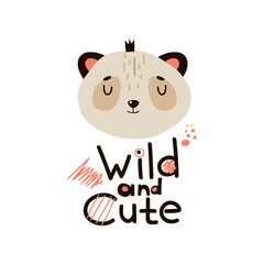 Panda Head Crown with Wild and Cute Inscription Doodle Vector Illustration