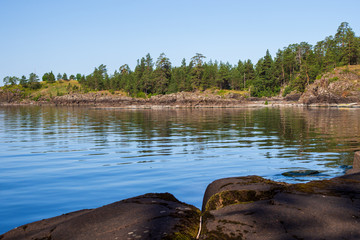 Stone coast with trees on Lake Ladoga - 345698077