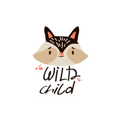 Raccoon Head with Wild Child Inscription Doodle Vector Illustration